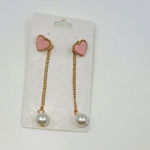 Pink Hearts and pearl dangling earrings, gold hardware